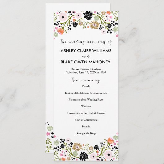 Joli Bouquet Floral Wedding Programme | Noir (Devant / Derrière)