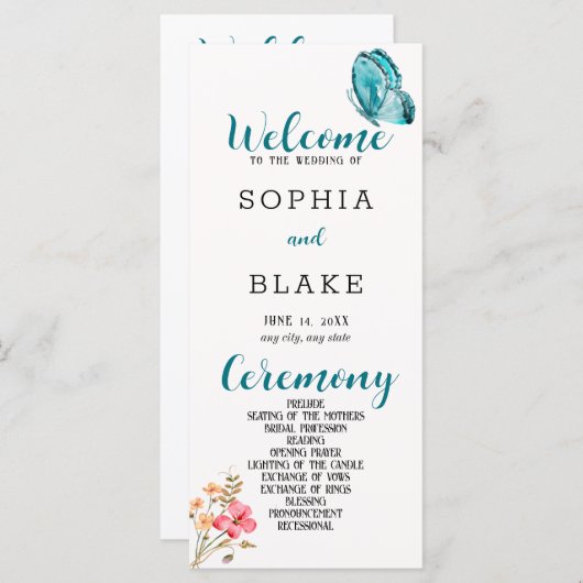 Joli Bouton Bleu Programme de mariage blanc (Devant / Derrière)