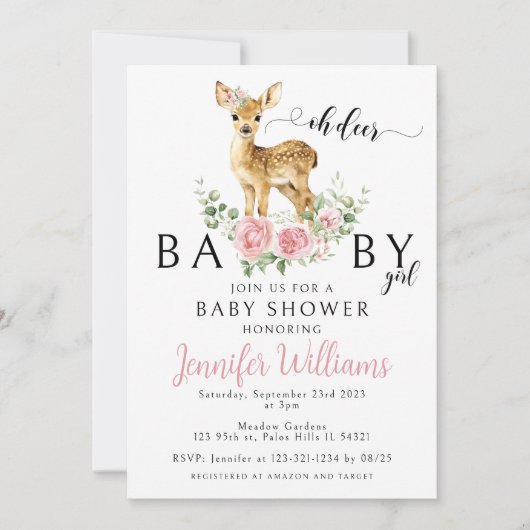 Joli cerf rose floral bébé douche fille Invitation (Devant)
