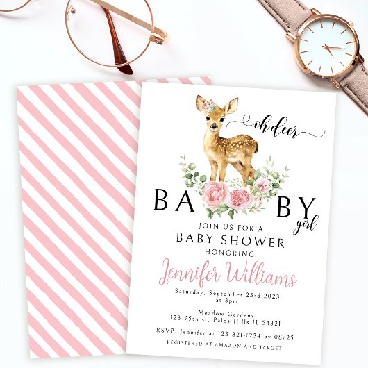 Joli cerf rose floral bébé douche fille Invitation