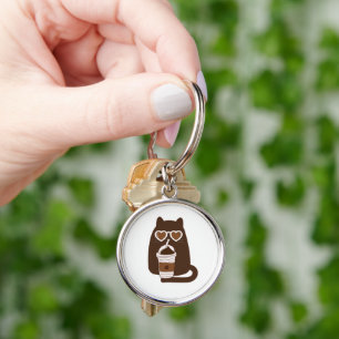 Joli Chat Buvant un Café Glacé Porte-Clés en Argen
