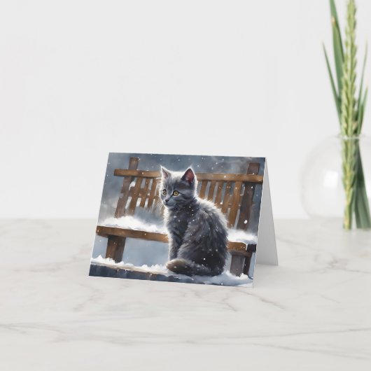 Joli chat gris sur banc neige hivernal Carte de vœ (Devant)