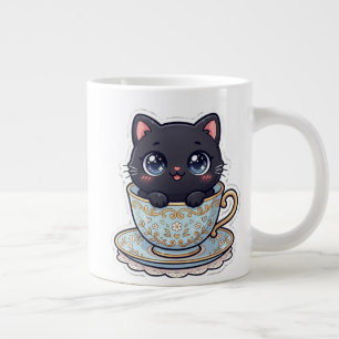 Joli chat noir Kawaii dans une tasse à thé florale