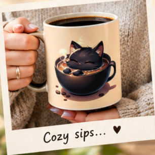 Joli chat noir nageant dans une tasse à café. Tass