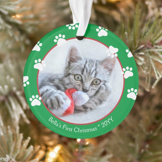 Joli chat premier Noël empreintes de pattes vert r (Arbre)