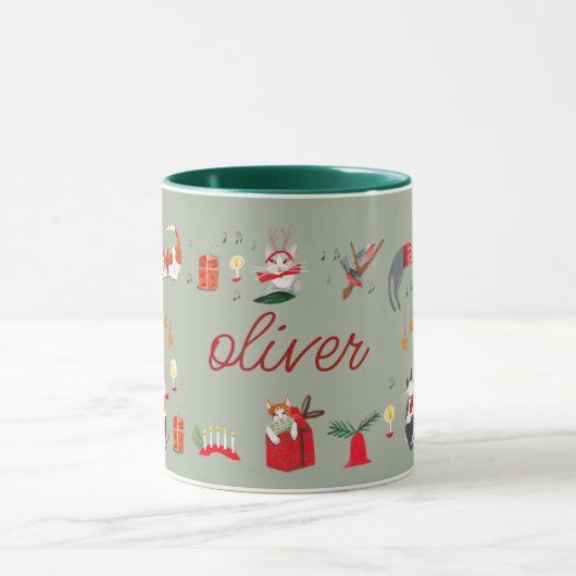 Joli chat rétro vert Noël motif Mug (Centre)