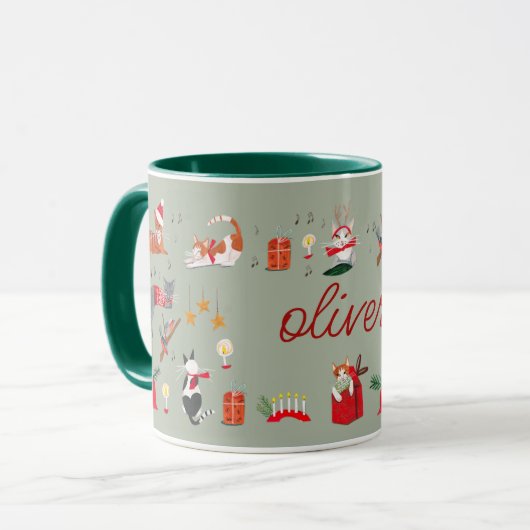 Joli chat rétro vert Noël motif Mug (Devant gauche)
