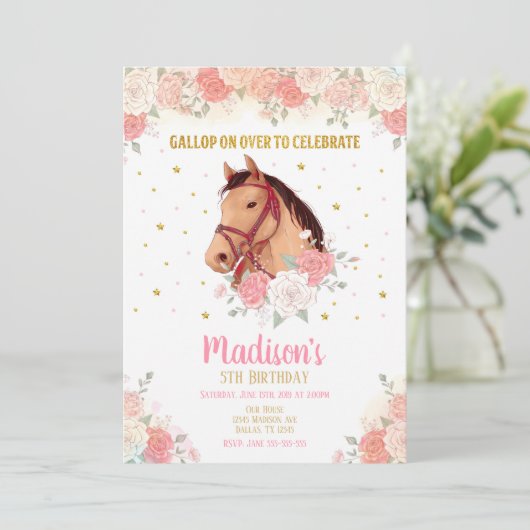Joli Cheval et Fleurs Invitation Anniversaire (Debout devant)