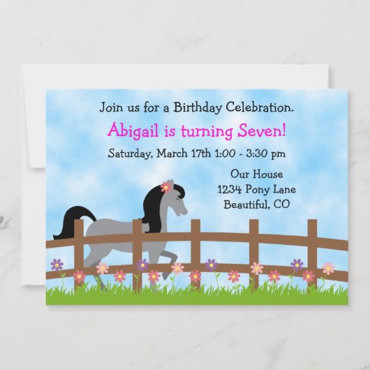 Joli Cheval gris avec fleurs Invitation Anniversai (Devant)