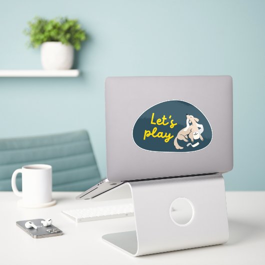 Joli chien, autocollant marine et jaune "jouons !" (Ordinateur portable sur le bureau)