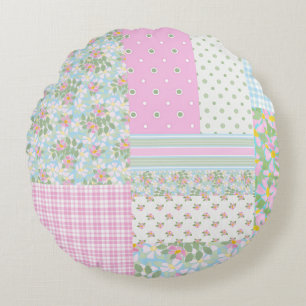 Joli chien rose Rose Faux Patchwork Round Coussin