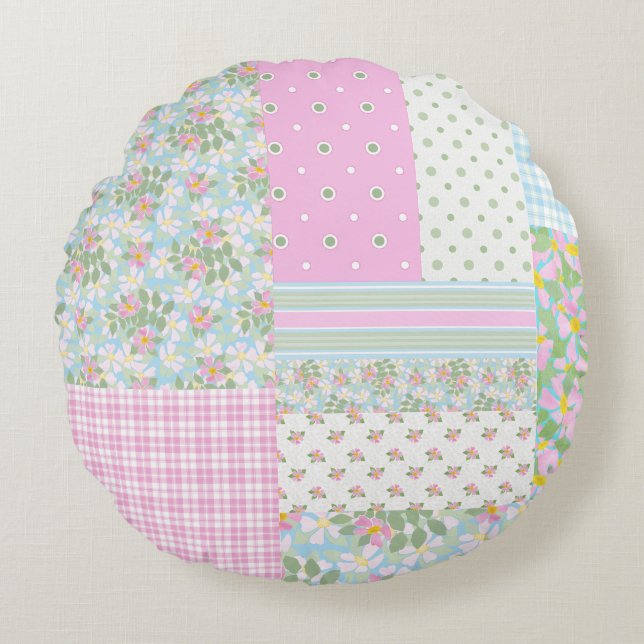 Joli chien rose Rose Faux Patchwork Round Coussin (Devant)
