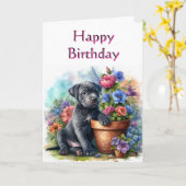 Joli chiot d'anniversaire dans la carte de voeux d (Fleur jaune)