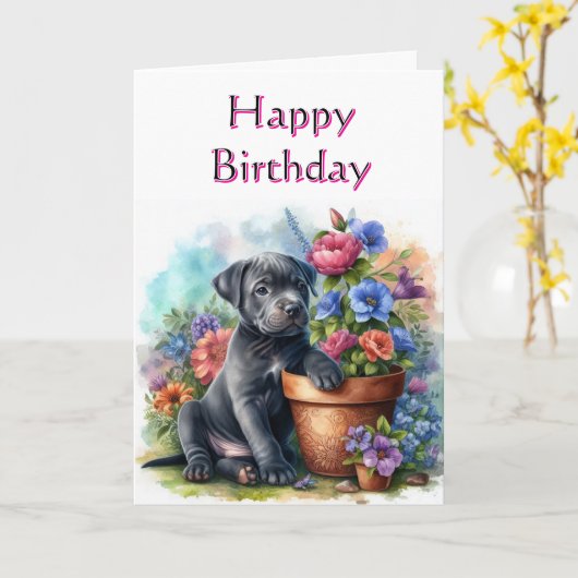 Joli chiot d'anniversaire dans la carte de voeux d (Fleur jaune)