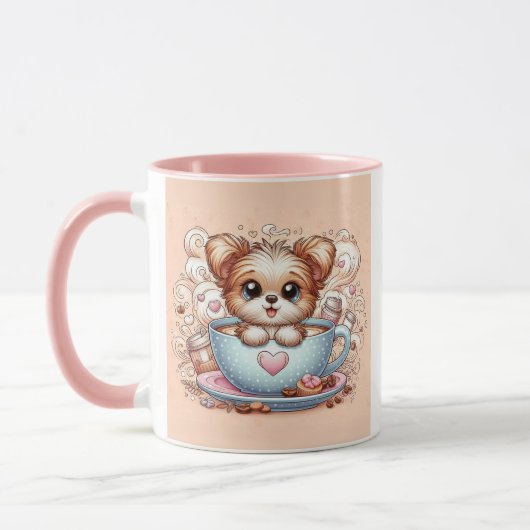 Joli chiot dans une tasse de café avec des cœurs (Gauche)