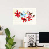 Joli couple d'oiseaux fleurs rouges poster personn (Bureau à domicile)