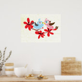 Joli couple d'oiseaux fleurs rouges poster personn (Cuisine)