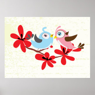 Joli couple d'oiseaux fleurs rouges poster personn