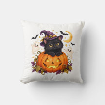 Joli Coussin de Sorcière Chat Noir Citrouille Hall