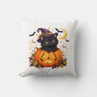 Joli Coussin de Sorcière Chat Noir Citrouille Hall