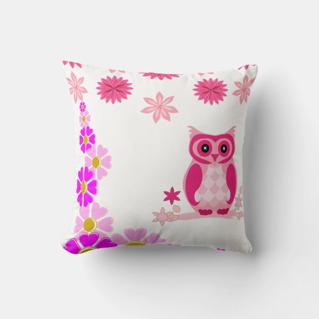 Joli Coussin Décoratif Chouette Rose Blanc (Recto)