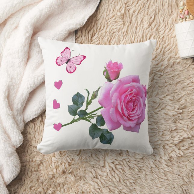 Joli Coussin Décoratif Papillon Cœurs Rose Rose Cl (Couverture)