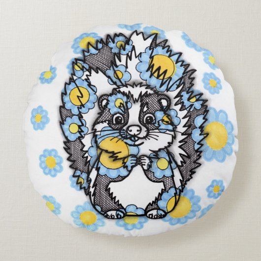 Joli coussin rond de mouffette aux fleurs bleues (Devant)