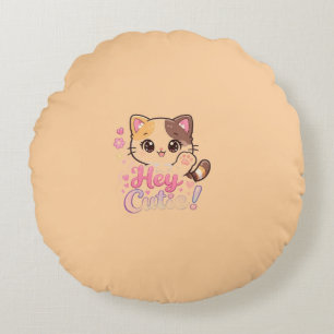 Joli Coussin Rond « Hey Cutie » avec Chat Kawaii