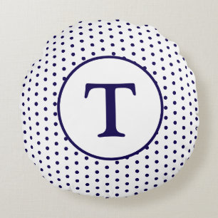 Joli coussin rond marine et blanc à pois