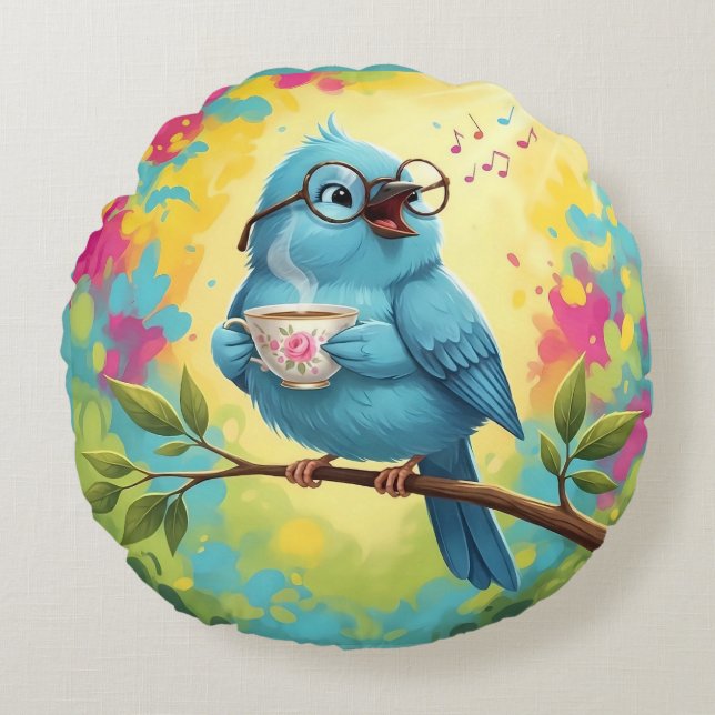 Joli Coussin Rond Oiseau Bleu Chantant  (Devant)