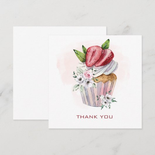 Joli cupcake à l'aquarelle, fraise, merci floral (Devant / Derrière)