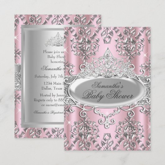 Joli Damask Tiara Princess Invitation Baby shower (Devant / Derrière)
