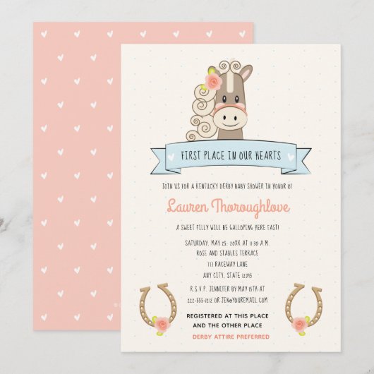 Joli Derby Cheval Baby Douche Invitations Fille (Devant / Derrière)