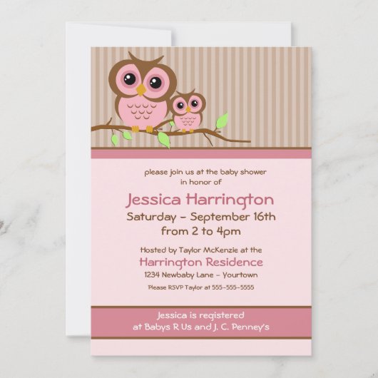 Joli dessin Chouette rose Bébé Douche Invitations (Devant)