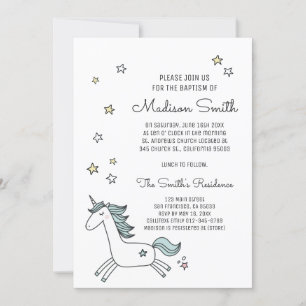 Joli Doodle Unicorn et étoiles Baptême Invitation