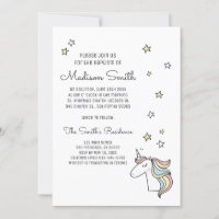Joli Doodle Unicorn et étoiles Baptême Invitation