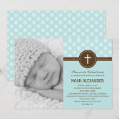 Joli Dots Photo Christening Invitation Bleu (Devant / Derrière)