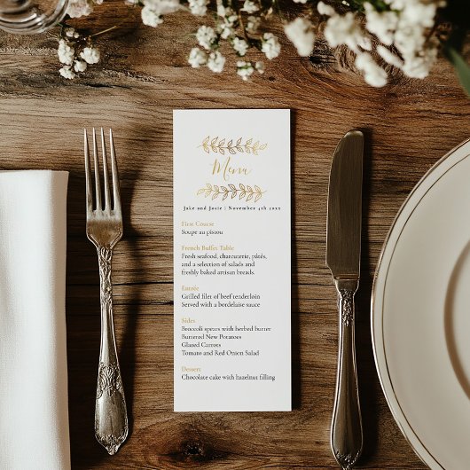 Joli effet or feuille mariage menu table