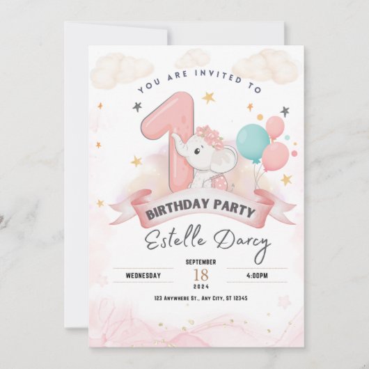 Joli éléphant 1er anniversaire invitation fête (Devant)