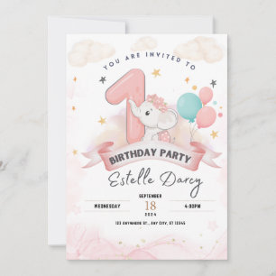 Joli éléphant 1er anniversaire invitation fête