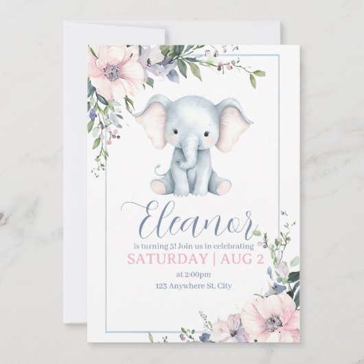 Joli Eléphant Floral Anniversaire Invitation (Devant)