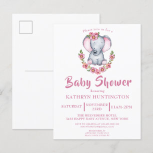 Joli éléphant floral rose Baby shower Invitation P