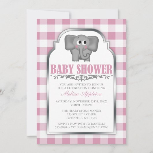 Joli Eléphant rose En vichy bébé Douche Invitation (Devant)