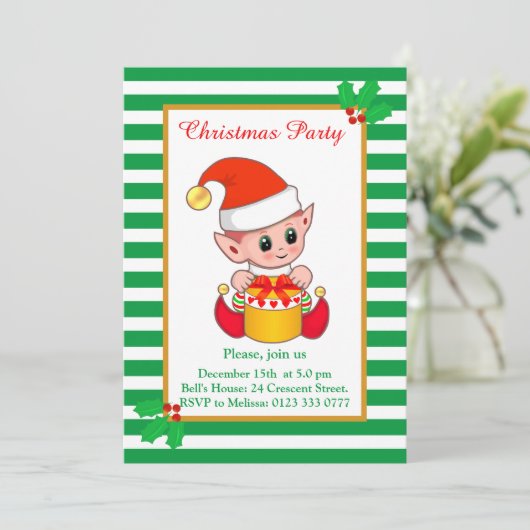 Joli elfe de Noël sur Green White Party Invitation (Debout devant)