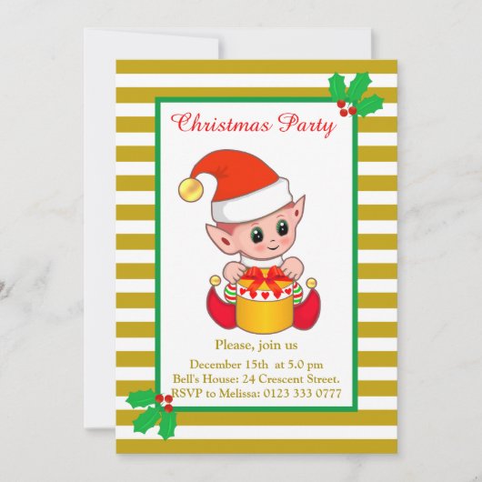 Joli elfe de Noël sur invitation dorée et blanche (Devant)