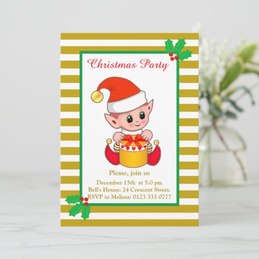 Joli elfe de Noël sur invitation dorée et blanche (Debout devant)