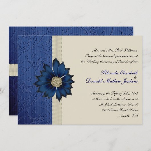 Joli Faire-part de mariage bleu et crème (Devant / Derrière)