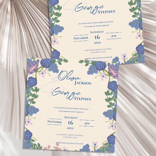 Joli Faire-part de mariage Floral Bleu & Violet