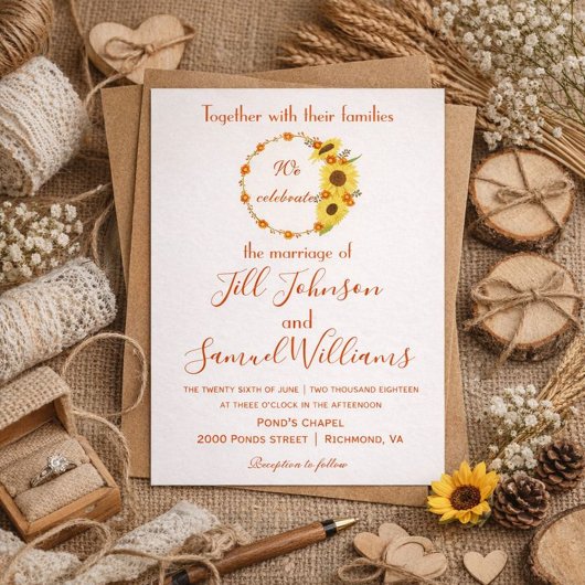 Joli faire-part de mariage floral de tournesol d'a