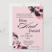 Joli Faire-part de mariage rose et noir floral (Devant)